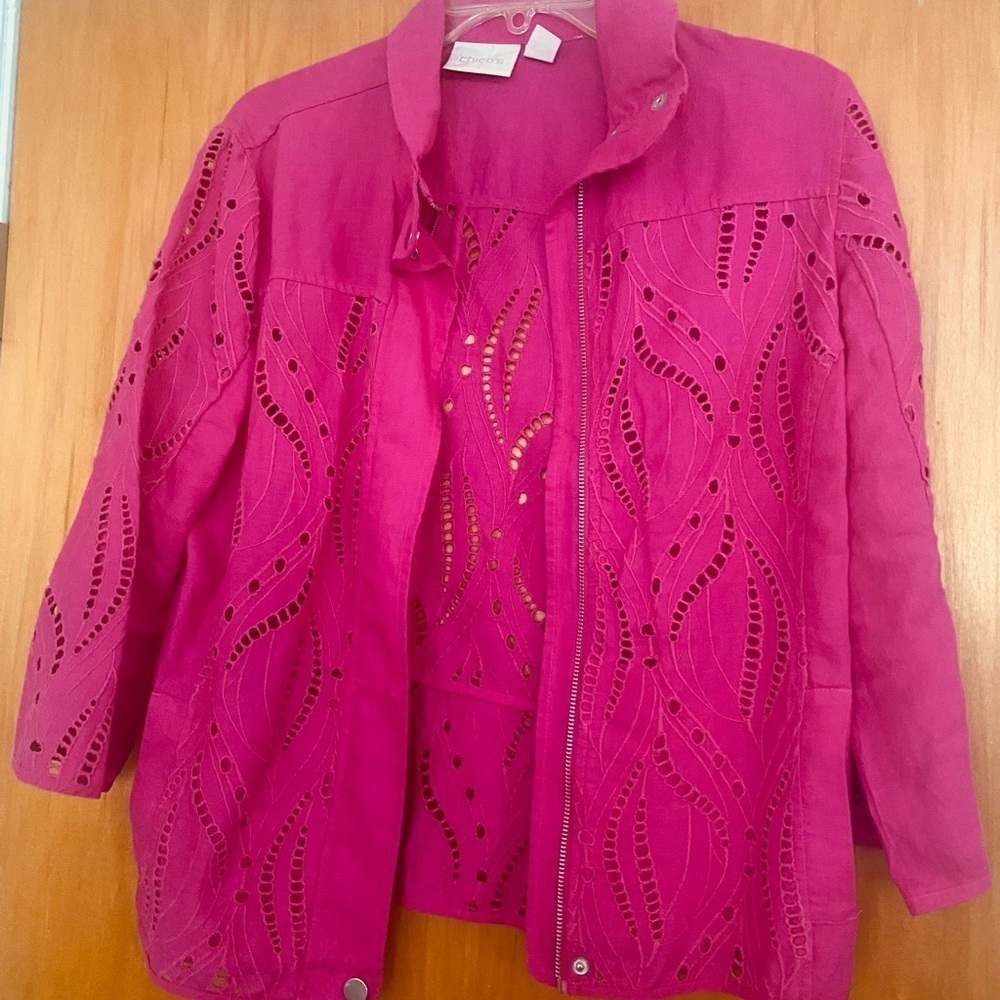 Chico Fuschia embroidered Women jacket/blazer Sz O